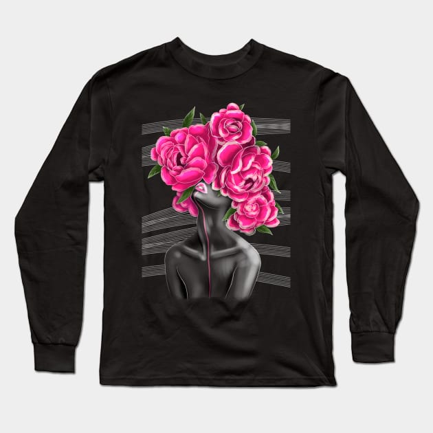 Black and white girl with color beautiful flowers in her head. Long Sleeve T-Shirt by Olena Tyshchenko